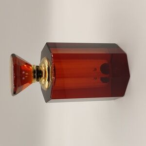 Vintage Mid Century Amber Glass Octagonal Perfume Bottle with Gold Accents